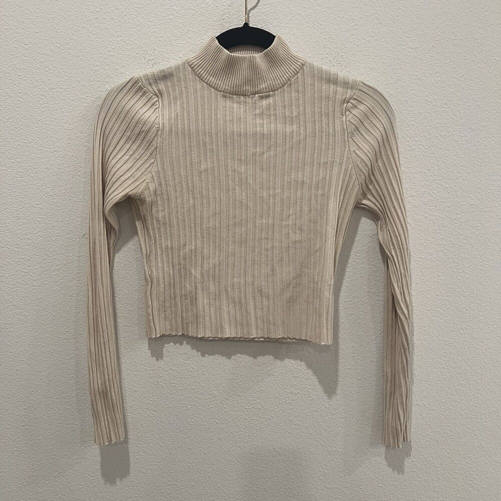 DISSH | Mock Neck Ribbed Long Sleeve Top 10 Cream Cropped Knit Sweater
